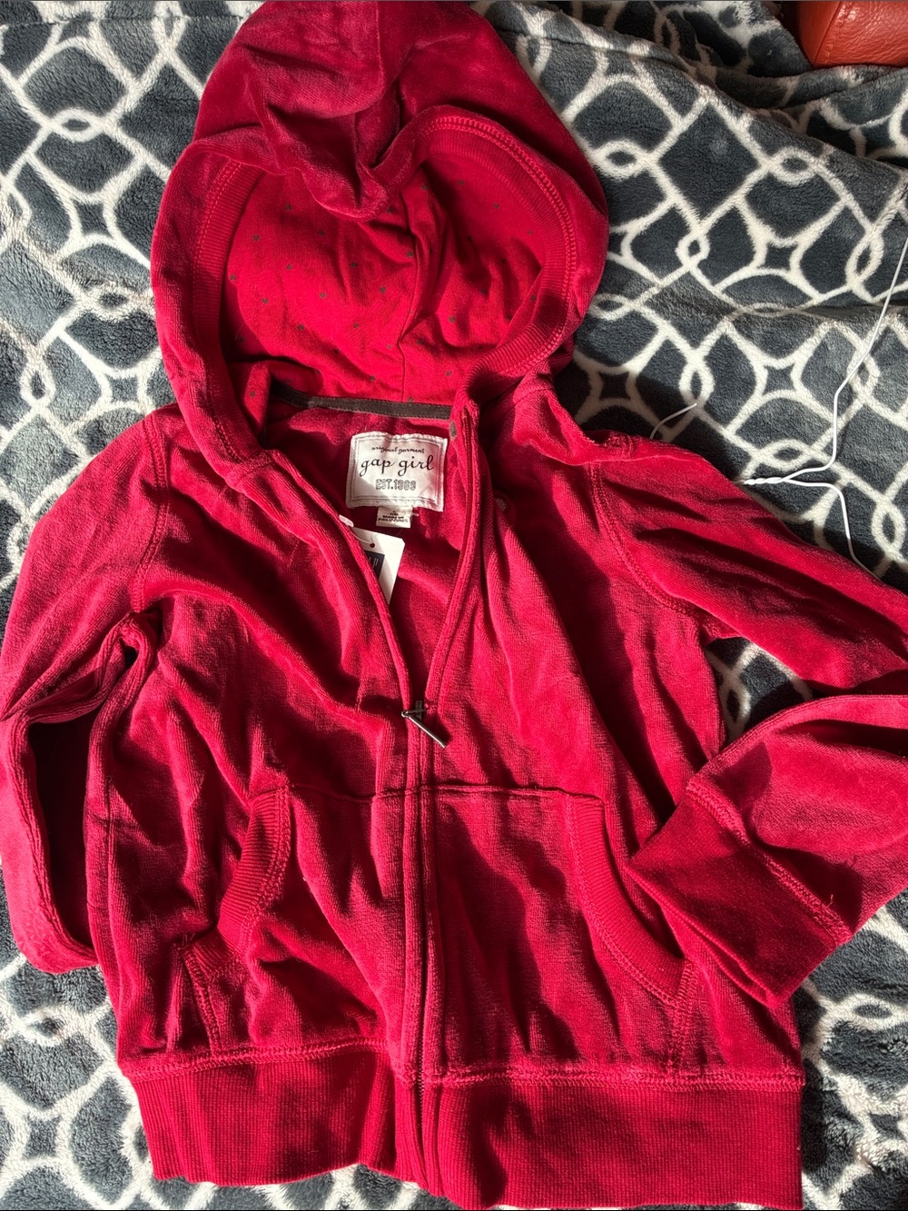 Vintage Gap Kids Red Velour Hooded Zip-Up Sweatshirt NWT